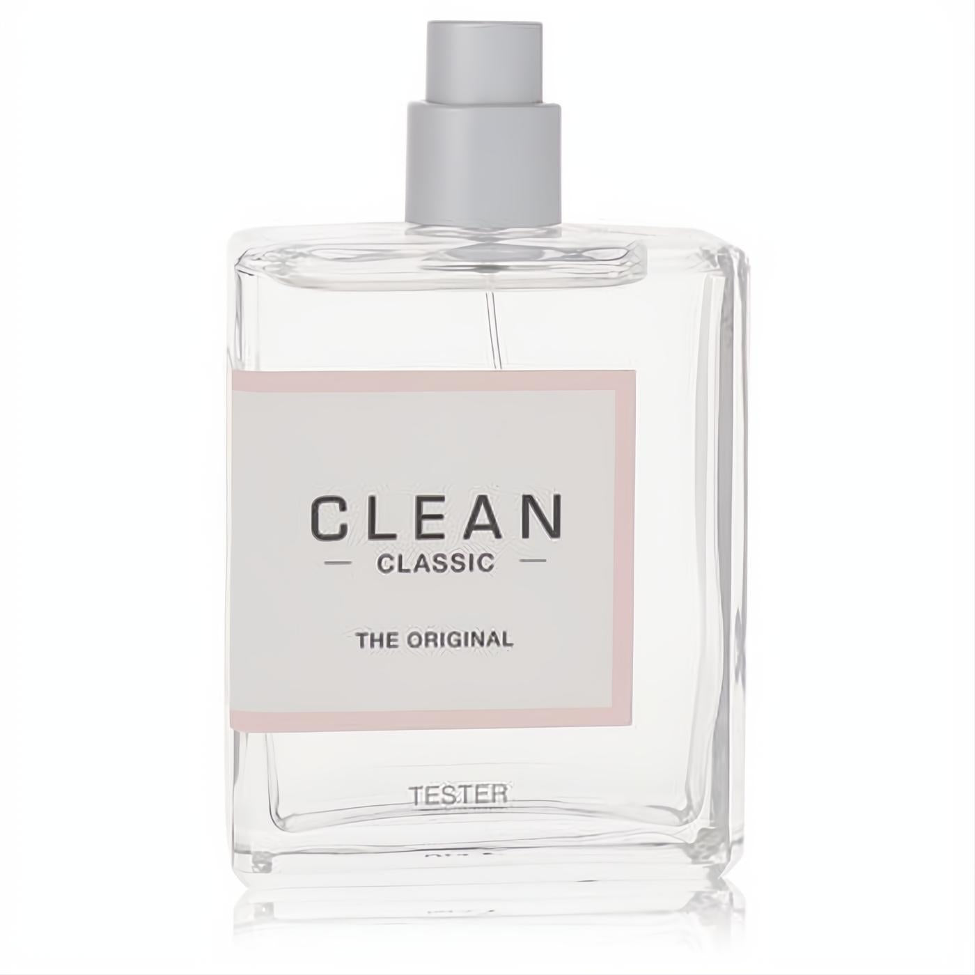 Clean Classic The Original 2.14 oz women's perfume tester. Elegant clear glass bottle, pink label, sleek gray cap.