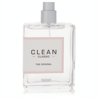 Clean Classic The Original 2.14 oz women's perfume tester. Elegant clear glass bottle, pink label, sleek gray cap.