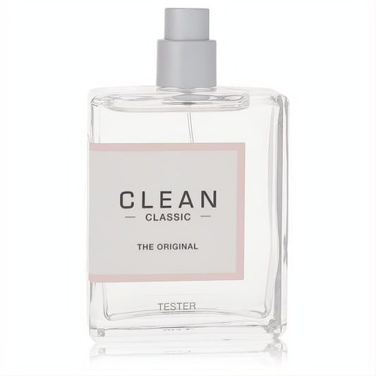 Clean Classic The Original 2.14 oz women's perfume tester. Elegant clear glass bottle, pink label, sleek gray cap.