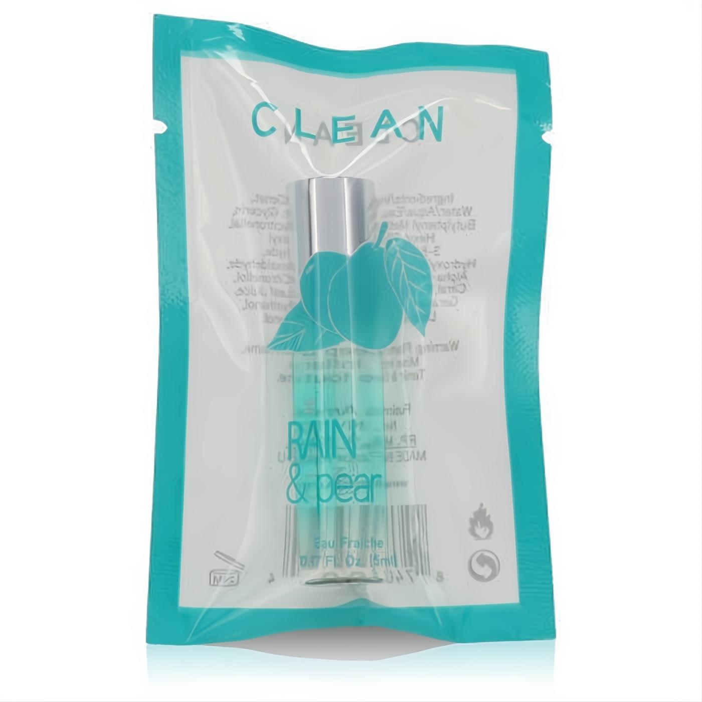 Clean Rain & Pear mini Eau Fraiche 0.17 oz spray bottle with silver cap, featuring a teal pear design, sealed in a fresh teal pouch.