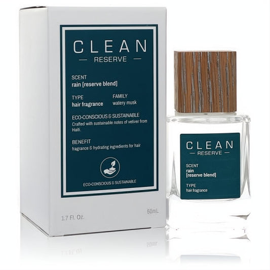Clean Rain Reserve Blend 1.7 oz hair fragrance: clear bottle with a natural wooden cap and elegant white box with teal branding.
