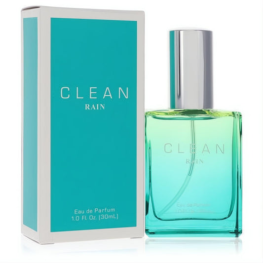 Clean Rain 1 oz Eau de Parfum spray in a sleek ombre teal glass bottle with a silver cap, next to its elegant white and teal box.