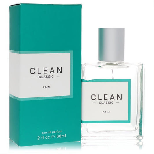 Clean Classic Rain 2 oz Eau De Parfum: elegant clear glass spray bottle with a silver cap, next to its iconic teal box.
