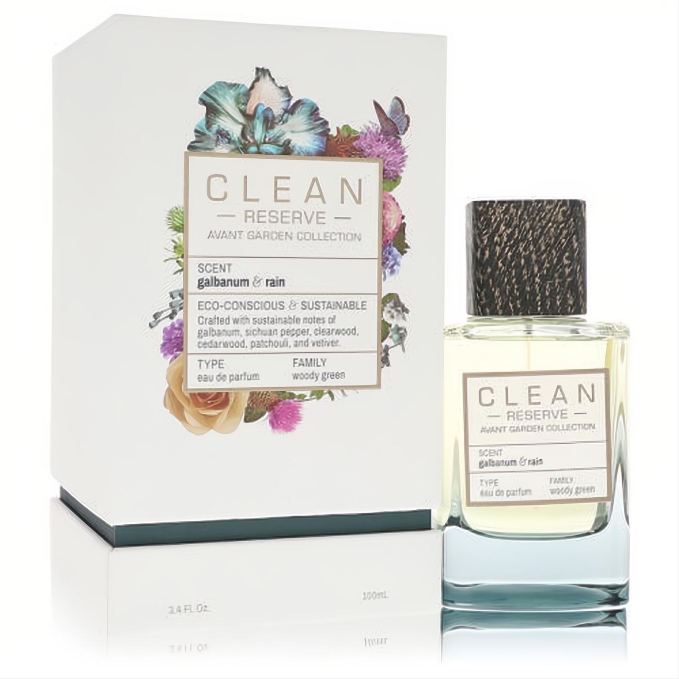 Clean Reserve Galbanum & Rain 3.4 oz unisex woody green EDP. Clear bottle, textured cap, sustainable floral box.