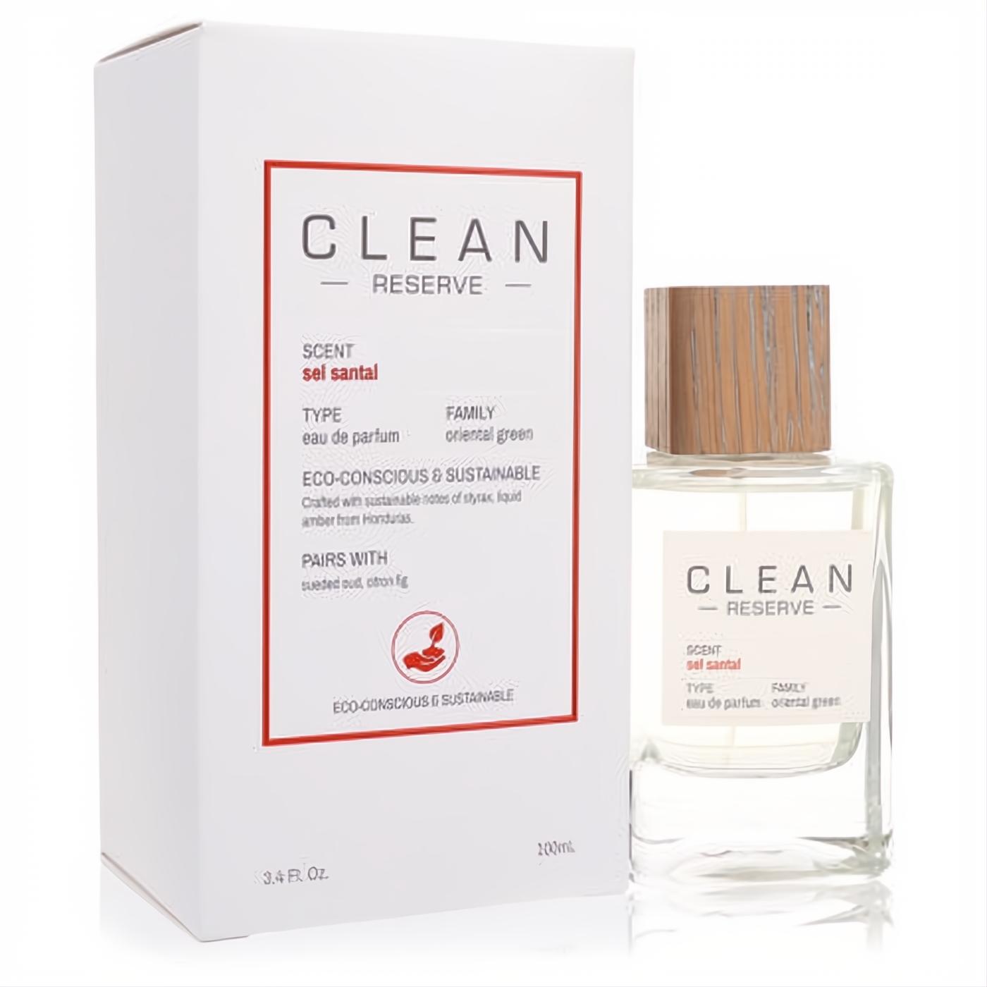 Clean Reserve Sel Santal 3.4 oz EDP. Clear glass bottle with a natural wood cap and sleek white eco-conscious packaging.