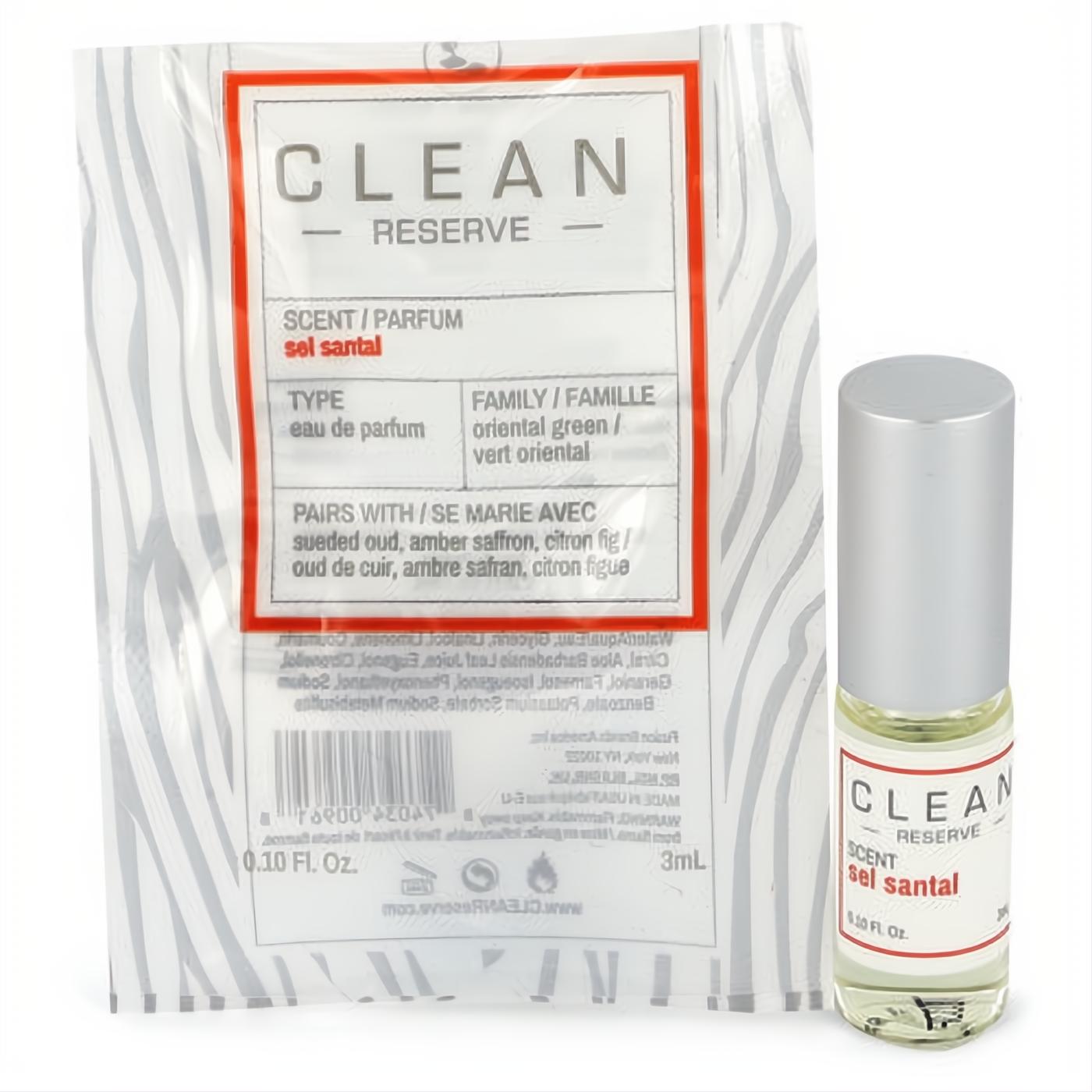 Clean Reserve Sel Santal .10 oz mini EDP rollerball, clear glass with silver cap & red label, presented in its sleek travel pouch.