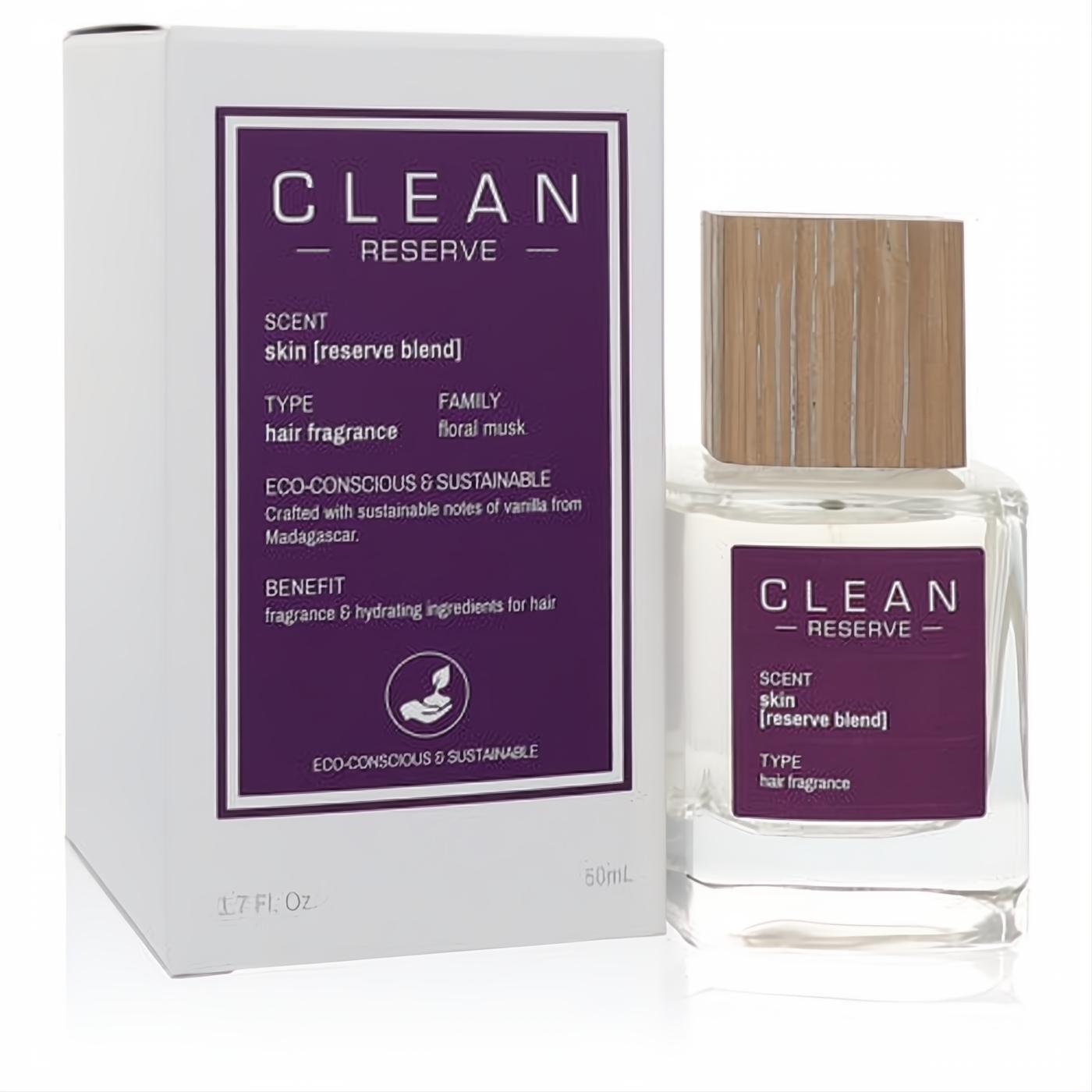 Clean Reserve Skin 1.7 oz hair fragrance: clear glass bottle with sleek wood cap & purple label, beside its eco-conscious white box.