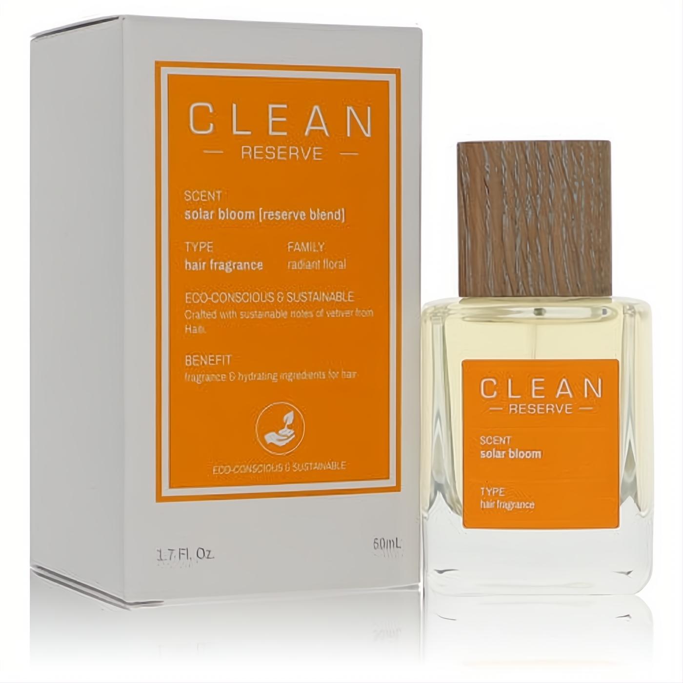 Clean Reserve Solar Bloom 1.7 oz hair fragrance. Clear glass bottle with vibrant orange label, natural wood cap, and white eco-conscious box.