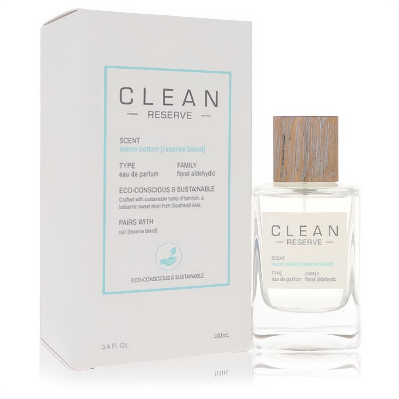 Clean Reserve Warm Cotton 3.4 oz Eau de Parfum in a clear glass bottle with a wood cap, displayed with its crisp white eco-conscious box.