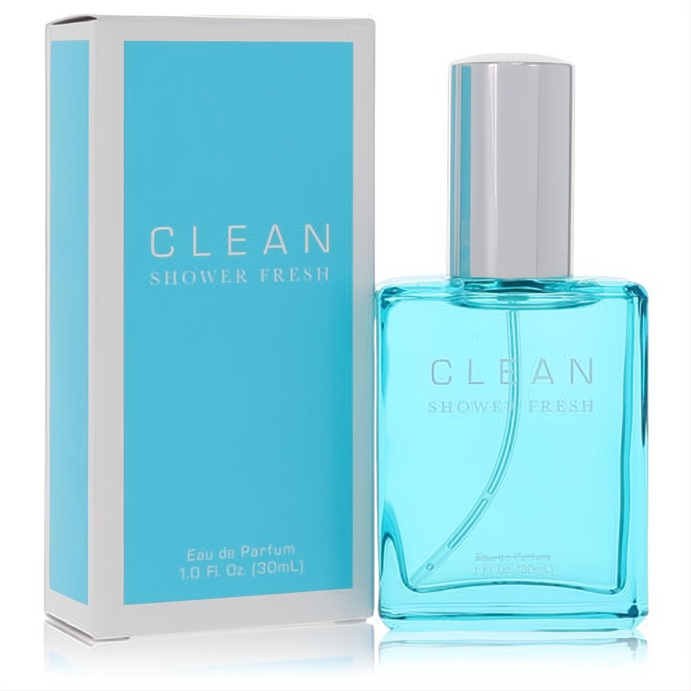 Clean Shower Fresh 1 oz Eau de Parfum: refreshing aqua fragrance in a sleek glass bottle with silver cap, next to its stylish white and blue box.