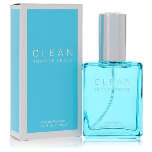 Clean Shower Fresh 1 oz Eau de Parfum: refreshing aqua fragrance in a sleek glass bottle with silver cap, next to its stylish white and blue box.
