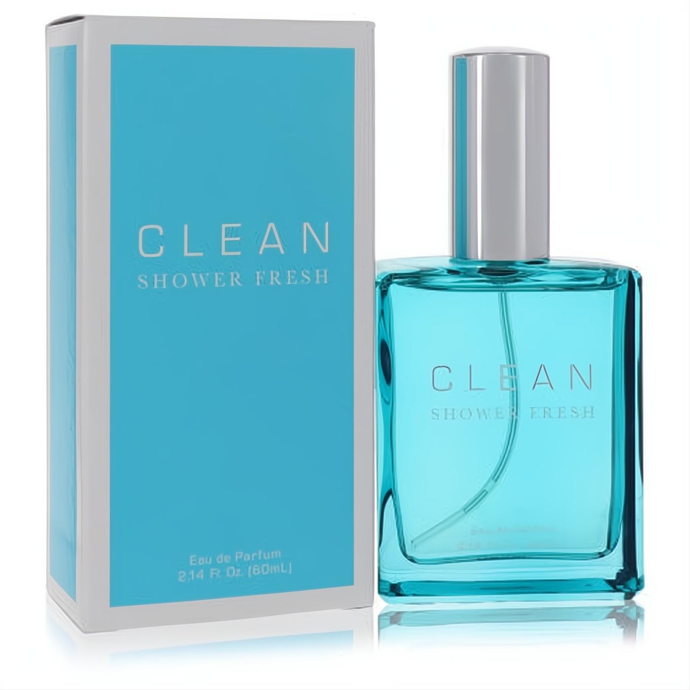 Invigorating Clean Shower Fresh 2.14 oz Eau de Parfum. Features a sleek aqua glass bottle with a silver cap and coordinating blue box.