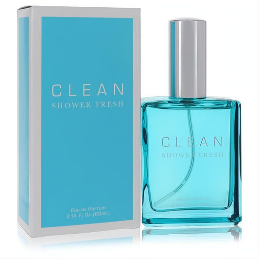Invigorating Clean Shower Fresh 2.14 oz Eau de Parfum. Features a sleek aqua glass bottle with a silver cap and coordinating blue box.