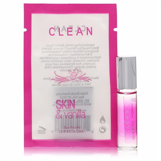 Clean Skin & Vanilla 0.17oz Eau Fraiche rollerball perfume, mini glass bottle with pink liquid, silver cap, and matching pink sachet.