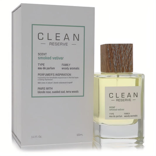 Clean Reserve Smoked Vetiver 3.4 oz Eau de Parfum. Clear glass bottle, natural wood cap, and sleek white box.