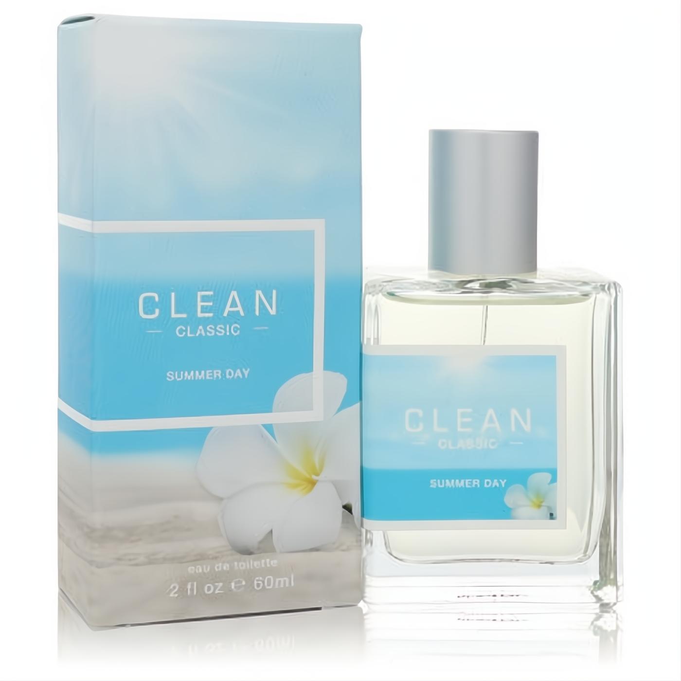 Clean Classic Summer Day 2 oz EDT spray. Clear glass bottle with a vibrant blue beach label and white plumeria, next to its matching box.