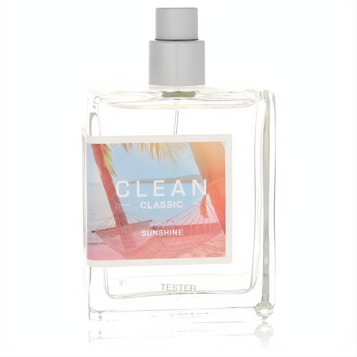 Clean Sunshine unisex De Toilette tester. Clear 2.14 oz glass spray bottle with a vibrant beach label featuring palm trees.