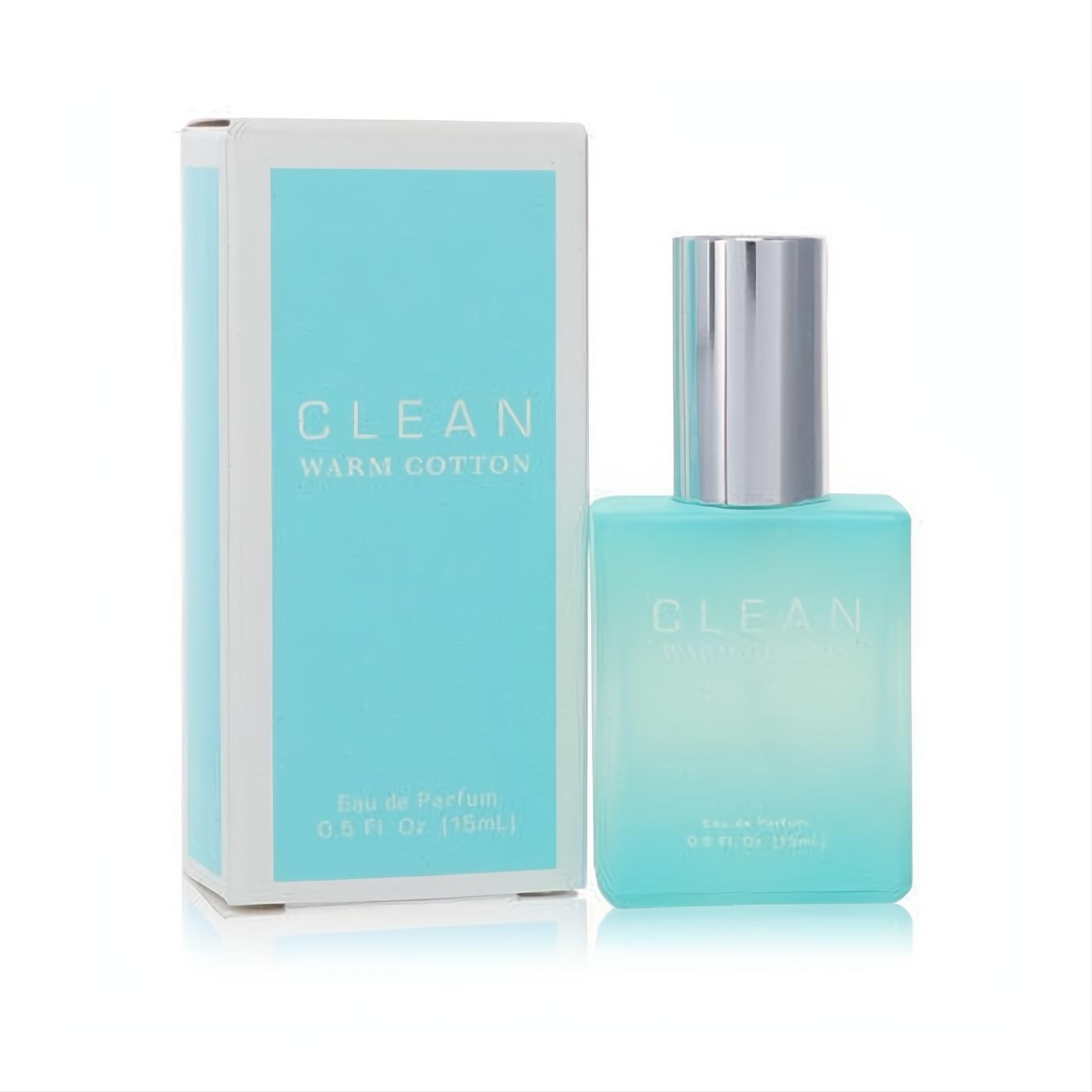 Clean Warm Cotton 0.5oz mini EDP spray, a sleek aqua glass bottle with silver cap, displayed beside its matching box.