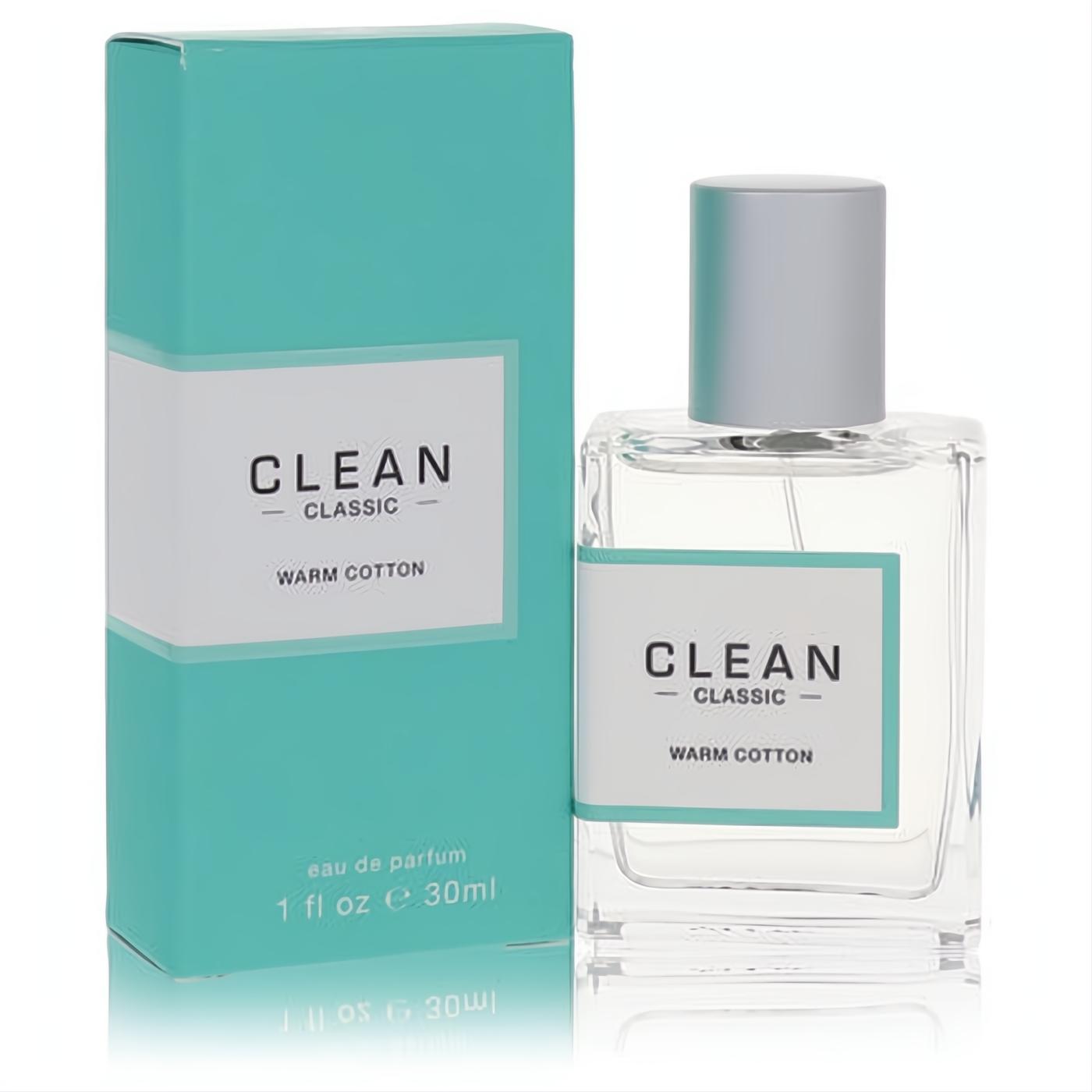 Clean Classic Warm Cotton 1 oz women's Eau De Parfum. Clear glass spray bottle with silver cap and matching teal box.