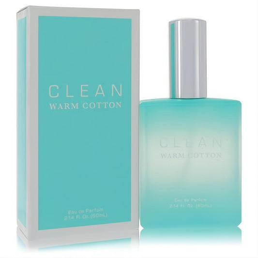 Clean Warm Cotton 2.14 oz Eau de Parfum spray. Elegant frosted teal glass bottle with a sleek silver cap and matching box.