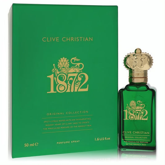 Clive Christian 1872 men's perfume: 1.6 oz elegant green glass bottle with a distinctive gold crown cap and matching box.
