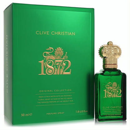 Experience Clive Christian 1872 1.6 oz women's perfume: luxurious emerald green bottle, iconic gold crown cap, and matching box.