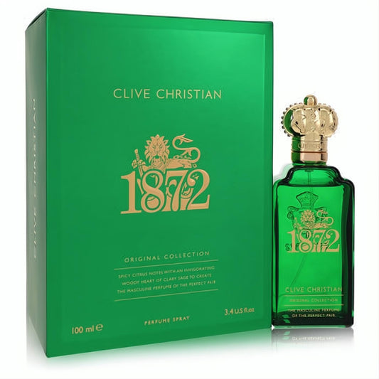 Clive Christian 1872 men's 3.4 oz fragrance. Iconic green bottle, gold crown cap, and matching luxury presentation box.