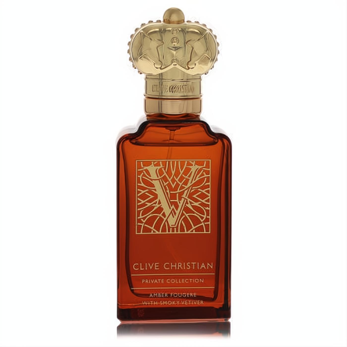 Clive Christian V Amber Fougere women's perfume. Luxurious amber glass bottle, regal gold crown cap, intricate 'V' design.