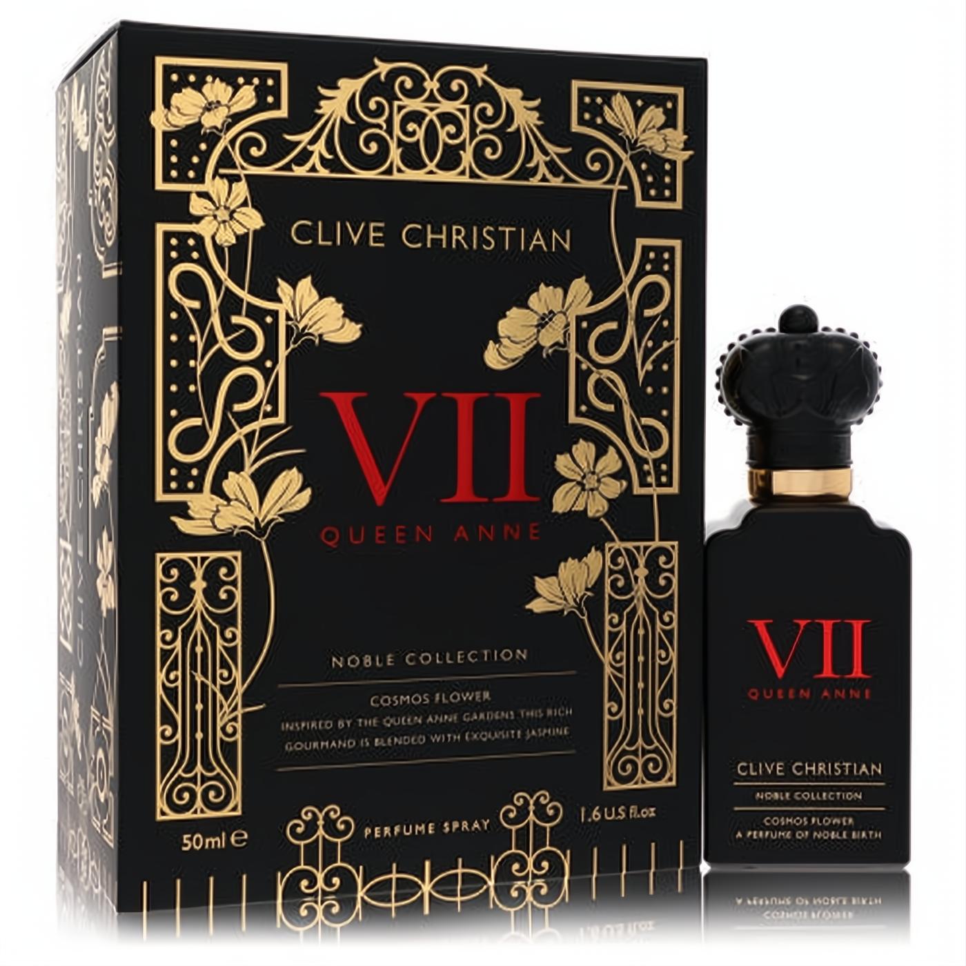 Luxurious Clive Christian VII Queen Anne Cosmos Flower 1.6 oz perfume in a black bottle with crown cap, beside its ornate black and gold gift box.