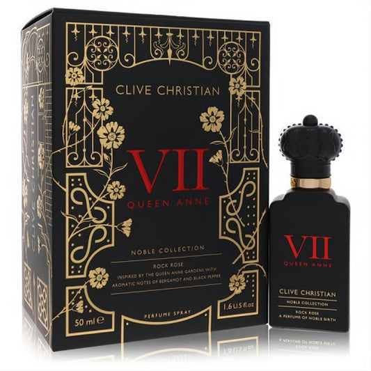 Clive Christian VII Queen Anne Rock Rose 1.6 oz perfume. Black bottle, gold accents, red 'VII', crown cap, and ornate matching box.