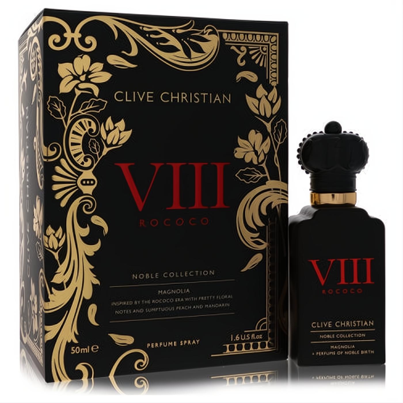 Luxurious Clive Christian VIII Rococo Magnolia 1.6 oz perfume. Black bottle with red VIII, gold accents, and a regal crown cap, beside its ornate black and gold box.