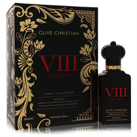 Luxurious Clive Christian VIII Rococo Magnolia 1.6 oz perfume. Black bottle with red VIII, gold accents, and a regal crown cap, beside its ornate black and gold box.