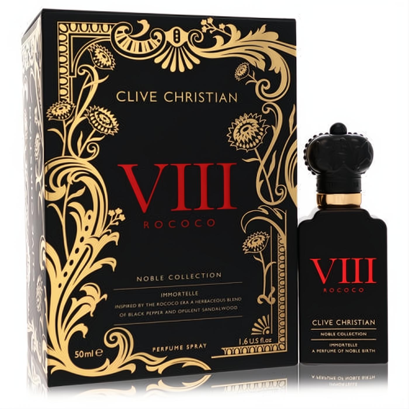 Luxurious Clive Christian VIII Rococo Immortelle 1.6 oz EDP. Sleek black bottle with crown cap, ornate gold-red box.