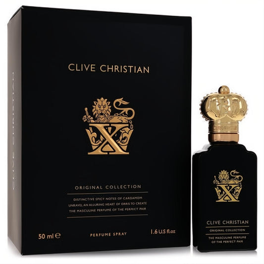 Luxurious Clive Christian X Pure Parfum, 1.6 oz. Elegant black bottle with gold crown cap and ornate gold lion logo.