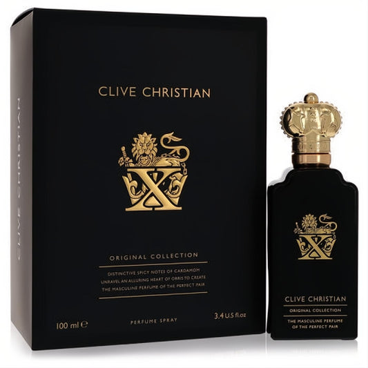 Clive Christian X Pure Parfum 3.4 oz. Luxurious black bottle with a majestic gold crown cap and elegant black box featuring gold branding.