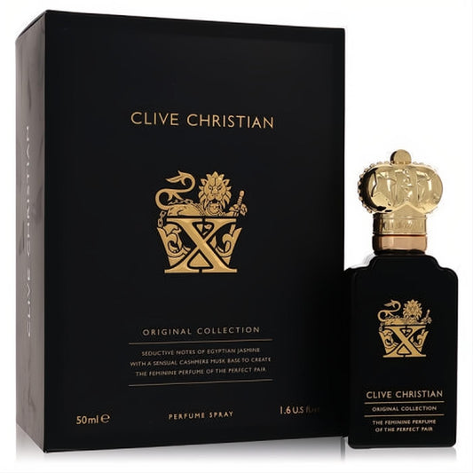Luxurious Clive Christian X women's Pure Parfum, 1.6 oz. Black bottle with iconic gold crown cap and matching box.