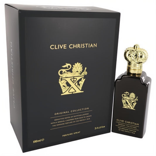 Luxurious Clive Christian X Pure Parfum 3.4 oz in new black bottle with ornate gold crown cap and elegant matching box.