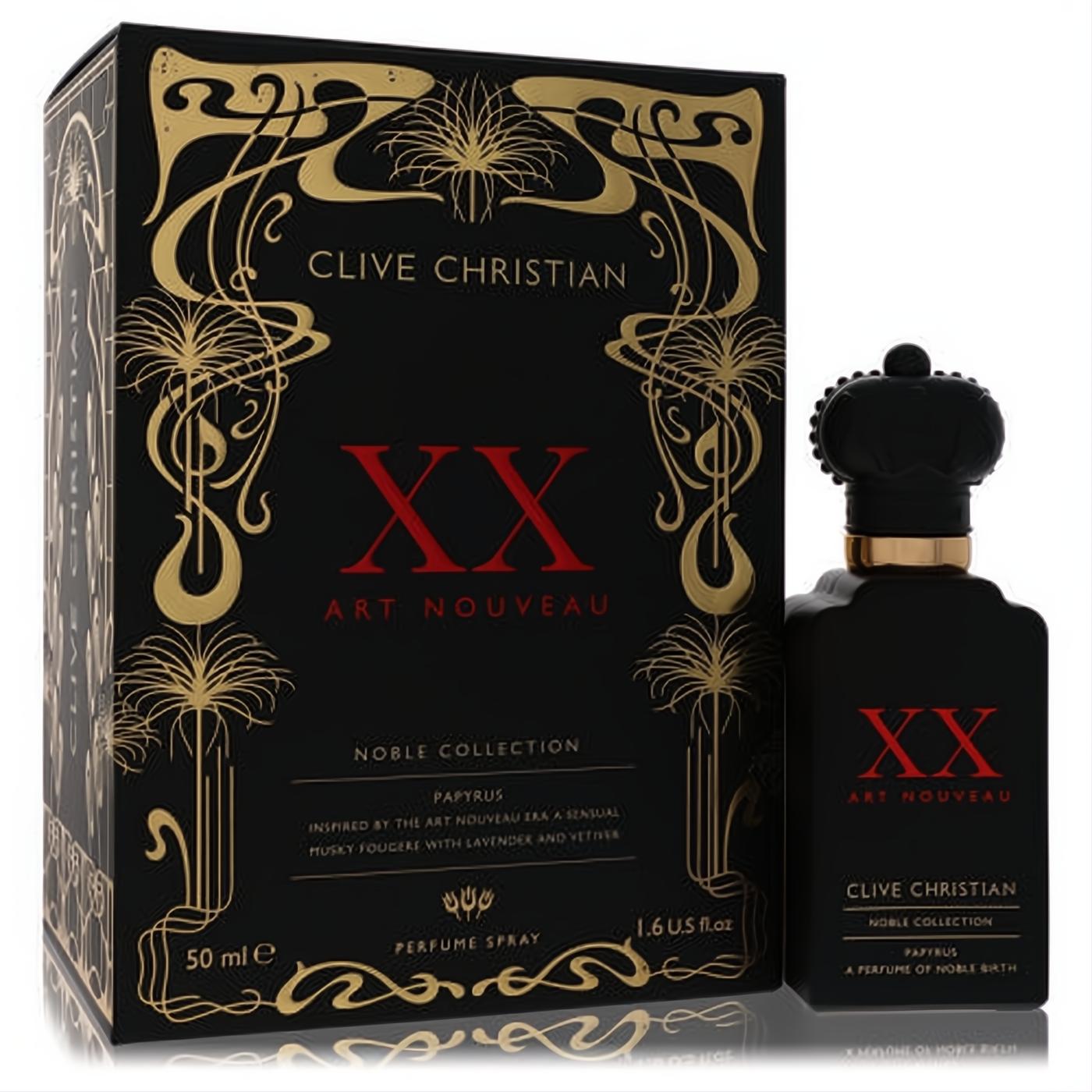 Clive Christian XX Art Nouveau Papyrus 1.6 oz EDP. Elegant black bottle with crown cap and gold Art Nouveau box.