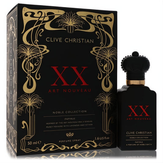 Clive Christian XX Art Nouveau Papyrus 1.6 oz EDP. Elegant black bottle with crown cap and gold Art Nouveau box.