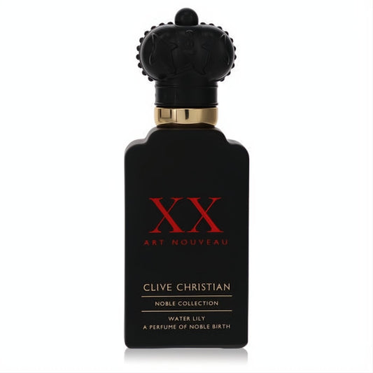 Luxurious Clive Christian XX Art Nouveau Water Lily Eau de Parfum. Matte black bottle, striking red XX, gold neck, and ornate crown cap.