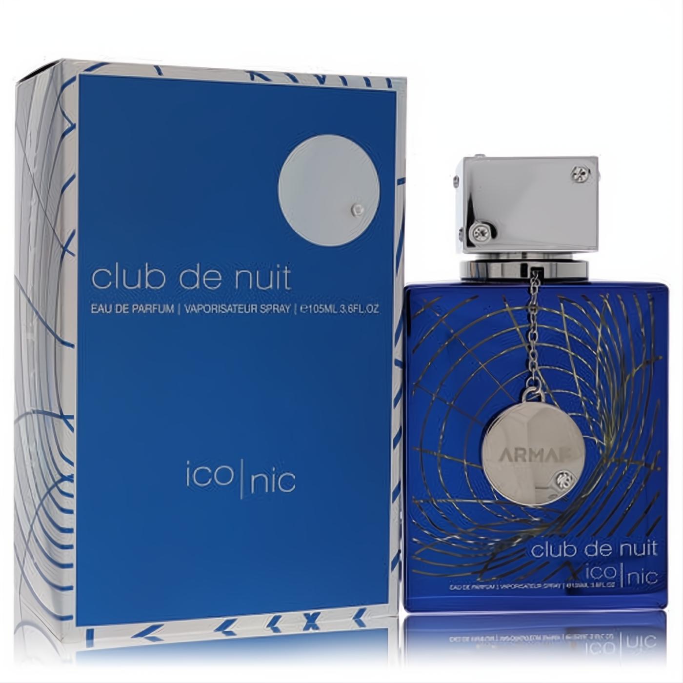 Sophisticated Club De Nuit Iconic Armaf 3.6 oz men's EDP. Features a sleek deep blue bottle with silver cap, medallion, and matching patterned box.