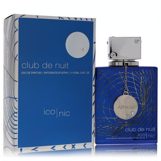 Sophisticated Club De Nuit Iconic Armaf 3.6 oz men's EDP. Features a sleek deep blue bottle with silver cap, medallion, and matching patterned box.