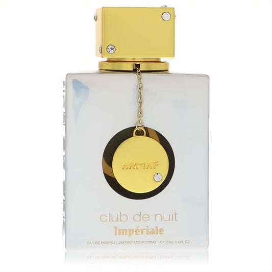 Armaf Club De Nuit Imperiale 3.6 oz EDP. Reflective white bottle, opulent gold cap with embedded crystals & chain.