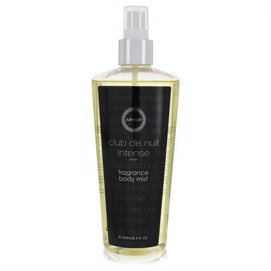 Elevate your scent with Armaf Club De Nuit Intense Men Body Mist, 8.4 oz. Clear bottle, bold black label, silver sprayer, golden amber liquid.