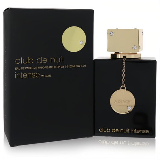 Bold Club De Nuit Intense 3.6 oz women's EDP: black square bottle, gold cap with crystals, chain, and elegant black box.