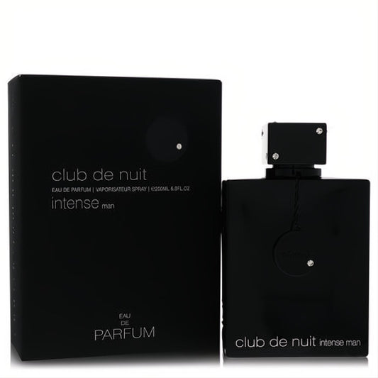Armaf Club De Nuit Intense Man 6.8 oz EDP: sleek black bottle and box with sparkling silver cap and gems.