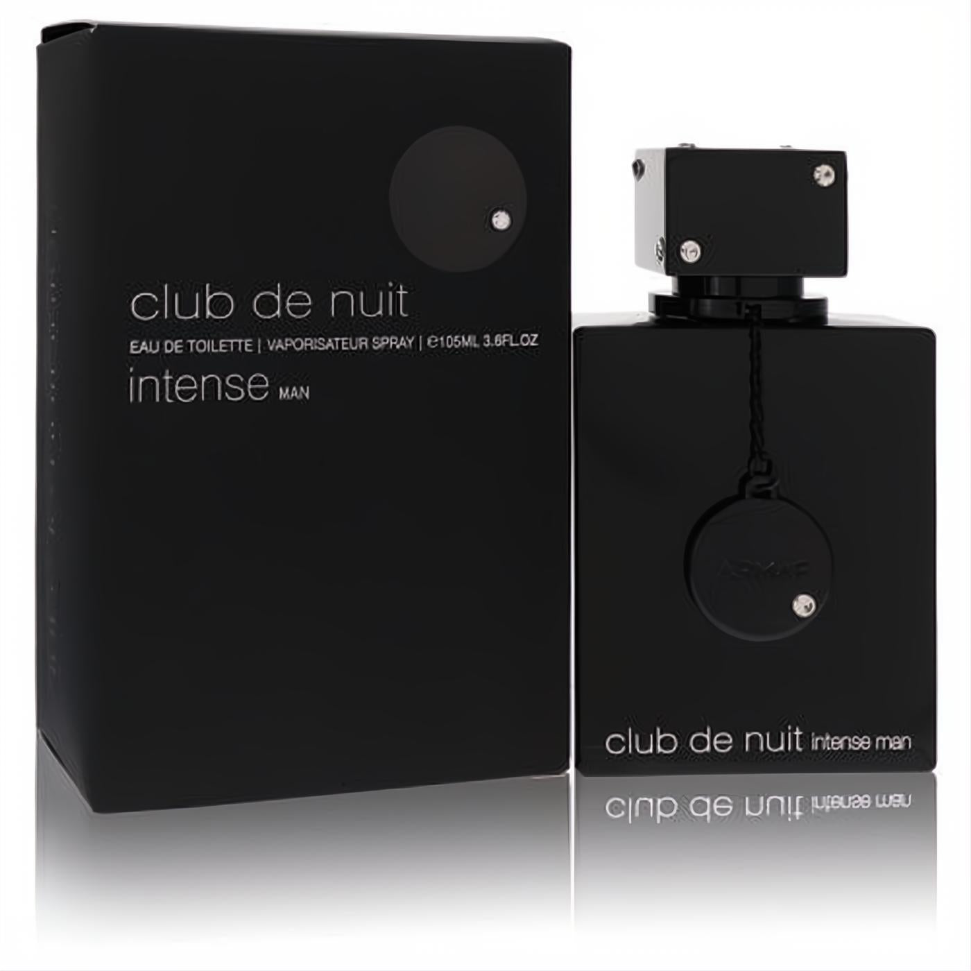 Sophisticated Armaf Club De Nuit Intense Man 3.6 oz EDT. Black square bottle, silver studded cap, and distinctive pendant.