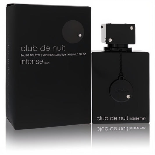 Sophisticated Armaf Club De Nuit Intense Man 3.6 oz EDT. Black square bottle, silver studded cap, and distinctive pendant.