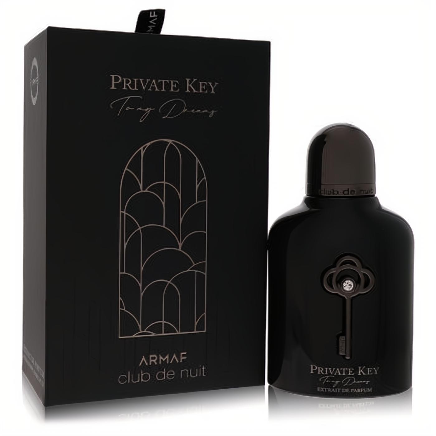 Luxurious black Armaf Private Key To My Dreams 3.4 oz perfume bottle with sparkling crystal key accent and elegant matching box.