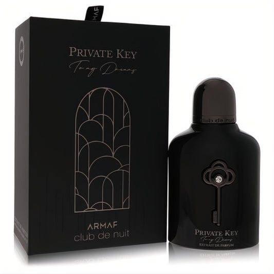 Luxurious black Armaf Private Key To My Dreams 3.4 oz perfume bottle with sparkling crystal key accent and elegant matching box.
